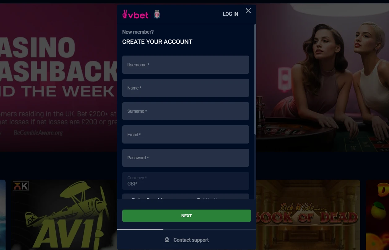 Current VBET UK registration entry screen