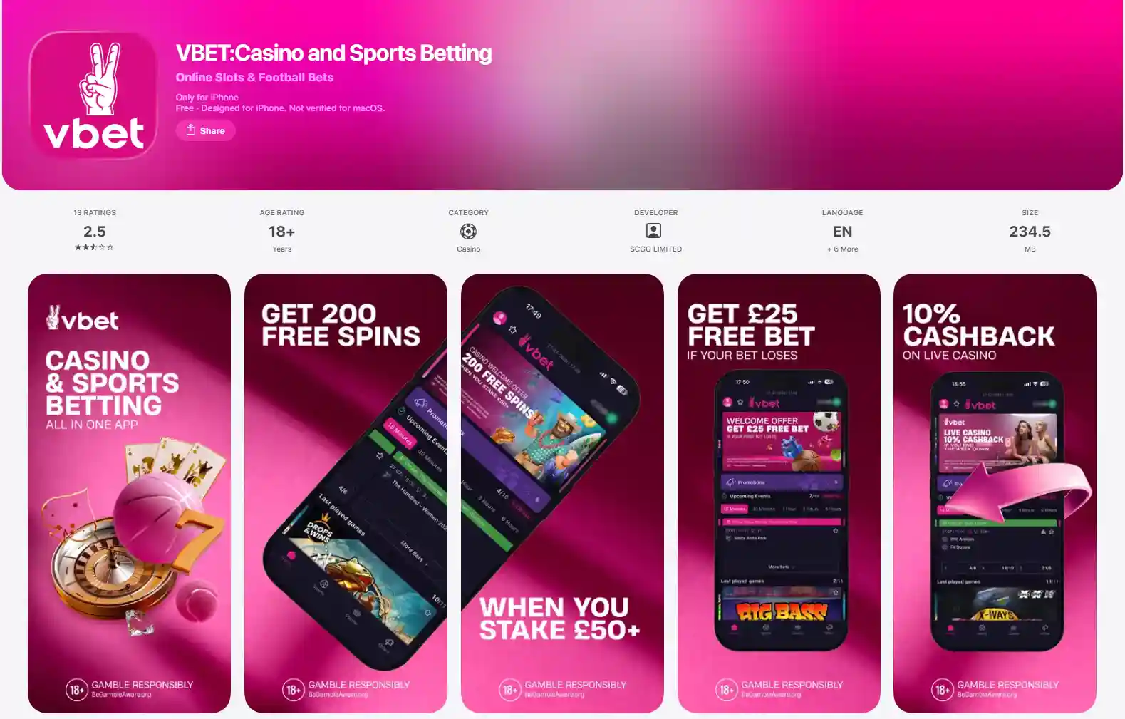Current VBET listing in the Great Britain Apple App Store